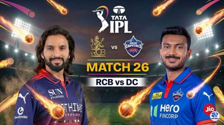 RCB vs DC IPL 2026 Match 26 players poster with team logos and stadium background