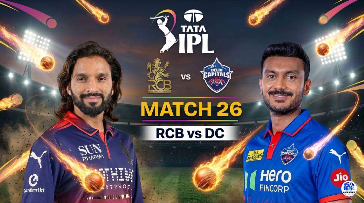 RCB vs DC IPL 2026 Match 26 players poster with team logos and stadium background