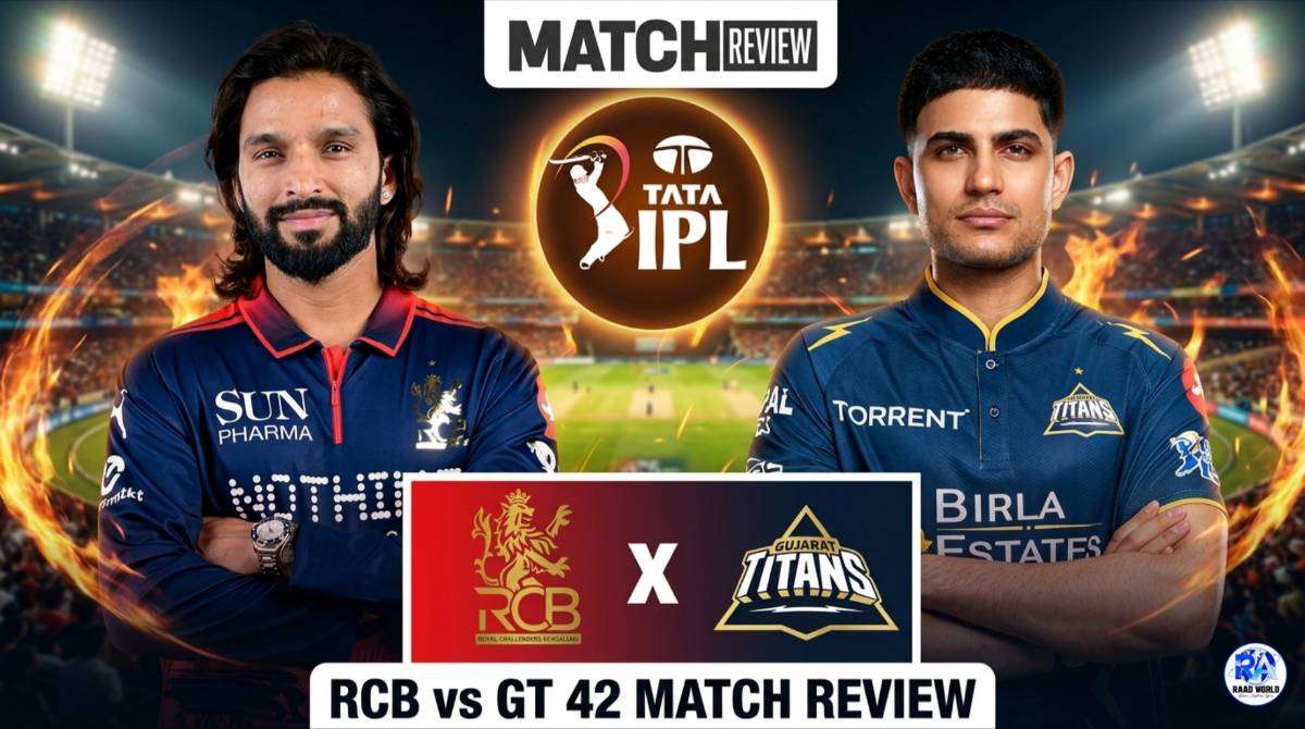 RCB vs GT IPL 2026 match 42 players poster Royal Challengers Bengaluru vs Gujarat Titans Review