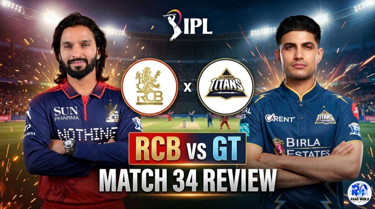 Royal Challengers Bengaluru vs Gujarat Titans Match 34 IPL 2026 live score and fantasy XI tips poster featuring two cricketers with team logos and IPL branding