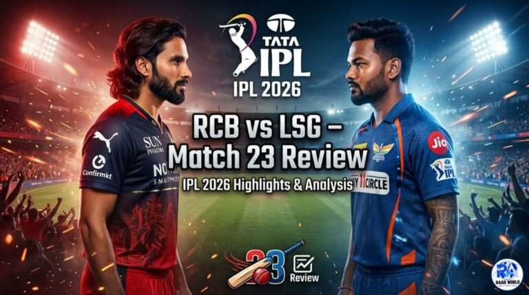 RCB vs LSG Match 23 IPL 2026 review poster with players and stadium background