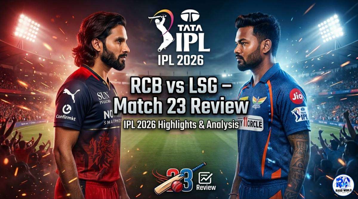 RCB vs LSG Match 23 IPL 2026 review poster with players and stadium background