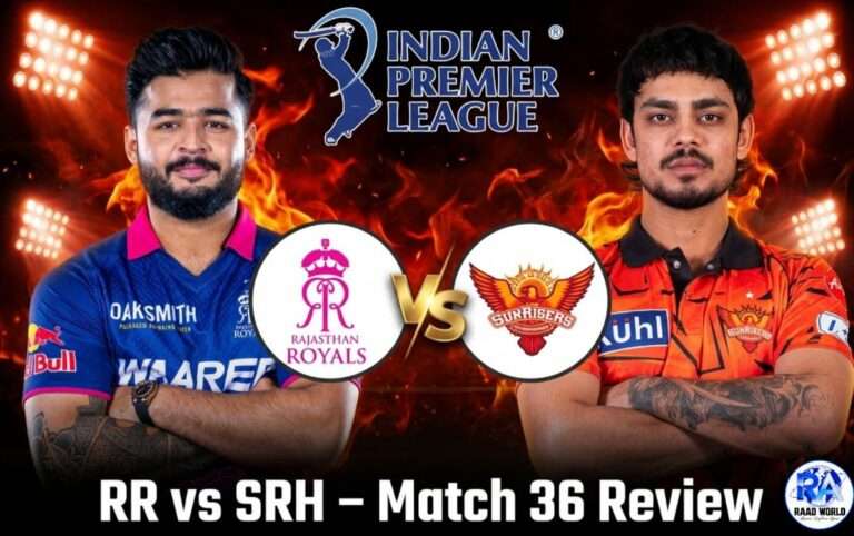 RR vs SRH IPL 2026 Match 36 featured image showing Rajasthan Royals vs Sunrisers Hyderabad players with Review