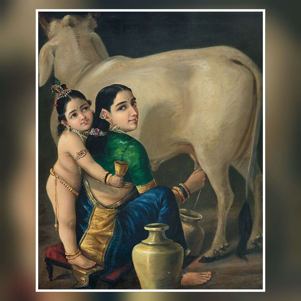 Raja Ravi Varma Yashoda and Krishna painting mother milking cow Indian art masterpiece