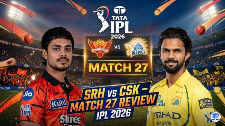 SRH vs CSK Match 27 IPL 2026 review image showing Sunrisers Hyderabad and Chennai Super Kings players with match highlights background