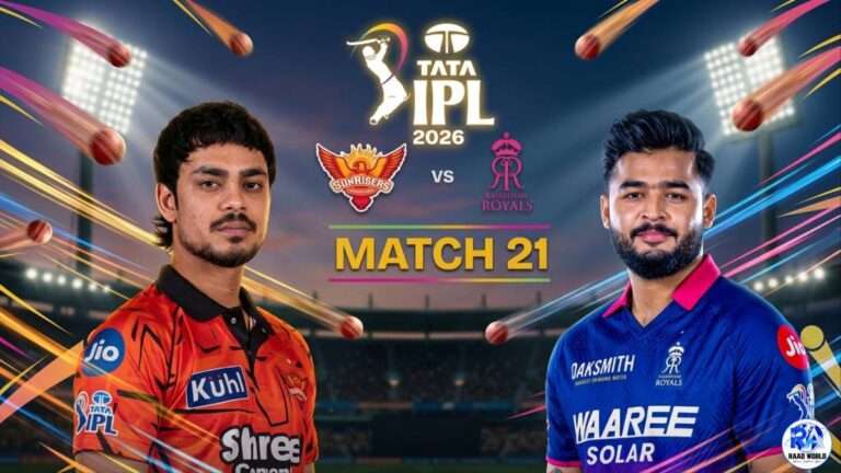 Sunrisers Hyderabad vs Rajasthan Royals Match 21 IPL 2026 players poster with orange and blue jerseys under stadium lights