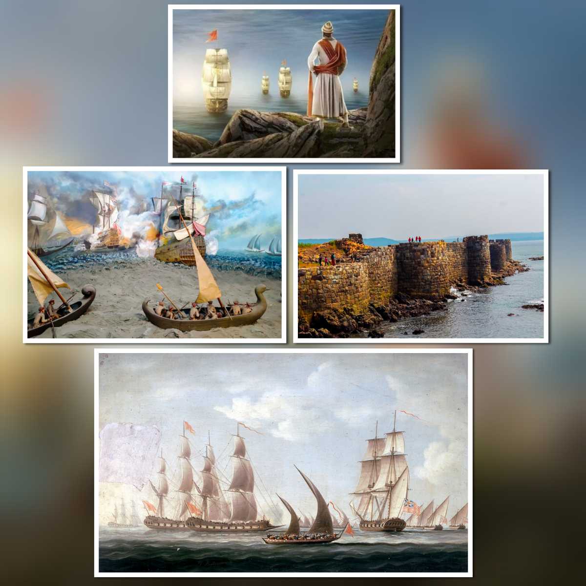 Collage showing Shivaji Maharaj naval vision, Maratha navy ships in battle, and coastal sea forts like Sindhudurg