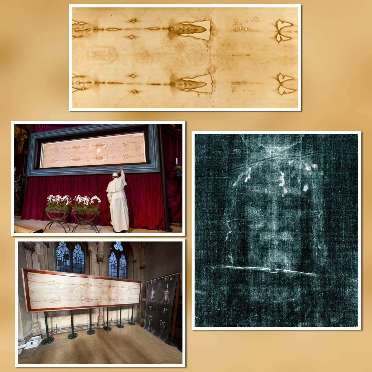 Collage showing the Shroud of Turin full cloth, public display in cathedral, and enhanced facial image highlighting scientific and historical examination