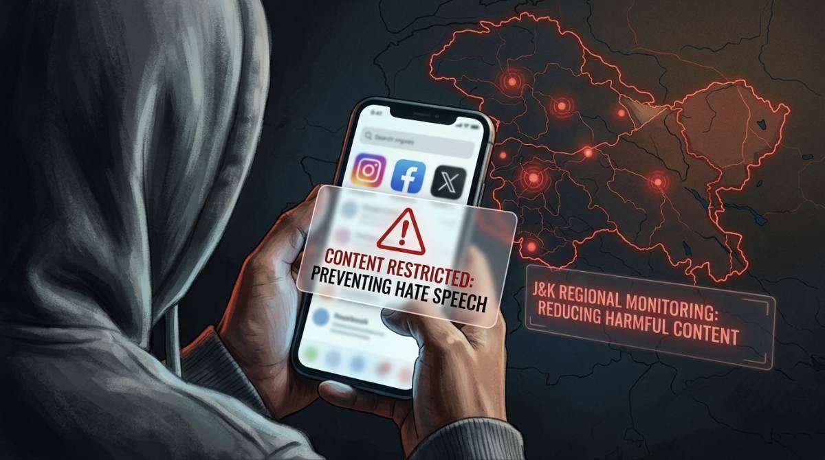Smartphone displaying social media apps with warning symbol representing ban on hate speech in Jammu