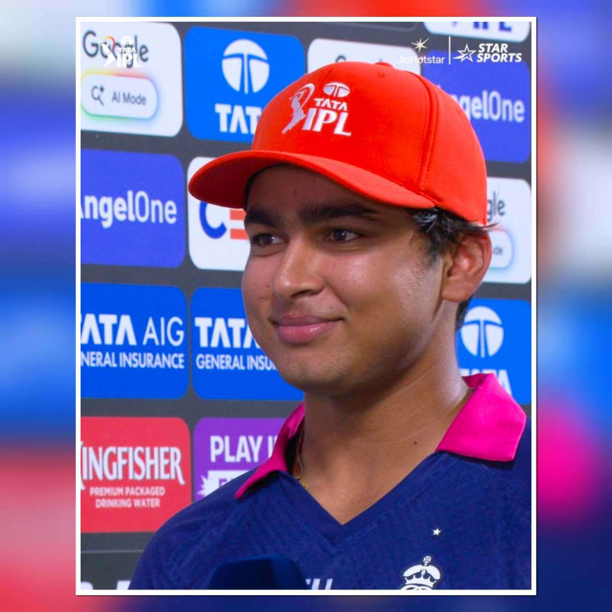 Vaibhav Suryavanshi wearing orange cap during RR vs RCB IPL 2026 match post presentation