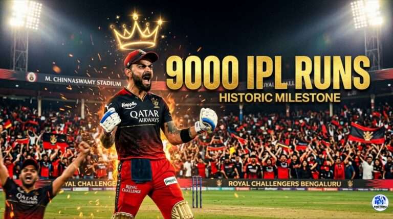 Virat Kohli celebrating 9000 IPL runs milestone in RCB jersey during IPL 2026 match