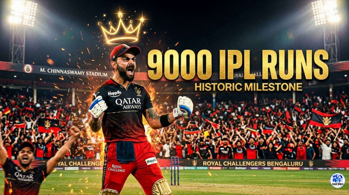 Virat Kohli celebrating 9000 IPL runs milestone in RCB jersey during IPL 2026 match