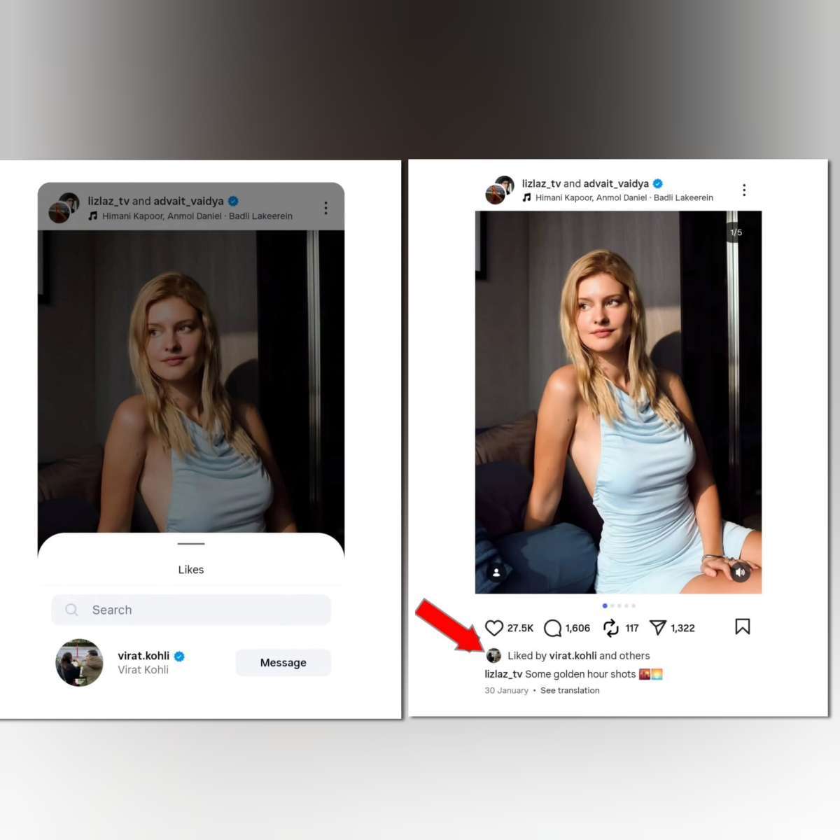 Virat Kohli liked Lizlaz Instagram post screenshot showing viral controversy fact check evidence