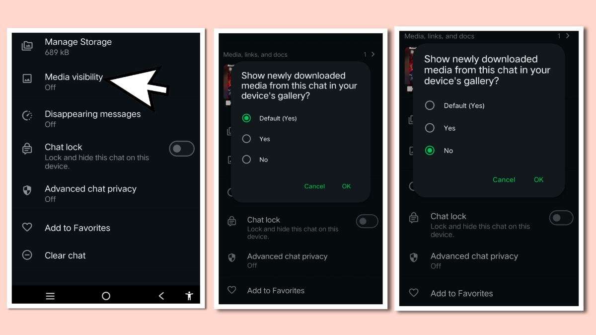 WhatsApp media visibility turned off setting showing how to stop automatic photo and video downloads in gallery for privacy and security