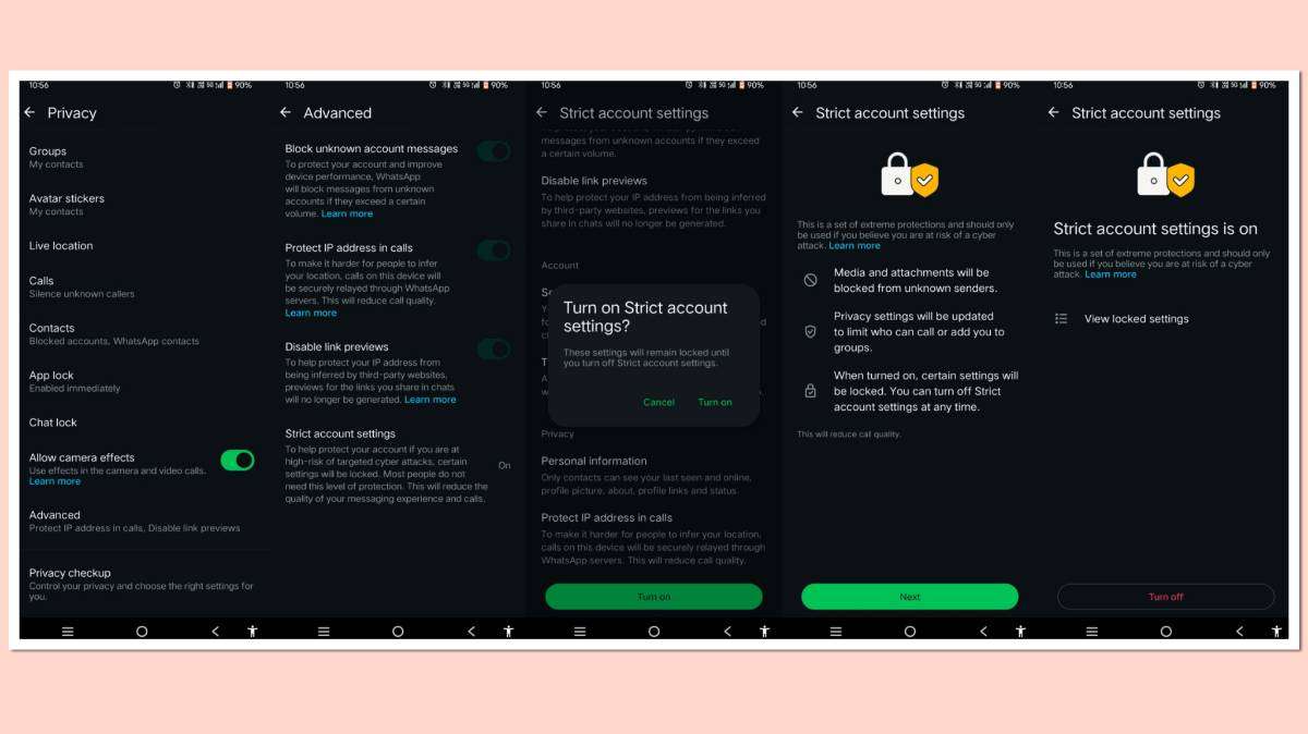 WhatsApp strict account settings enabled showing privacy and security options to block unknown messages and protect users from APK scams