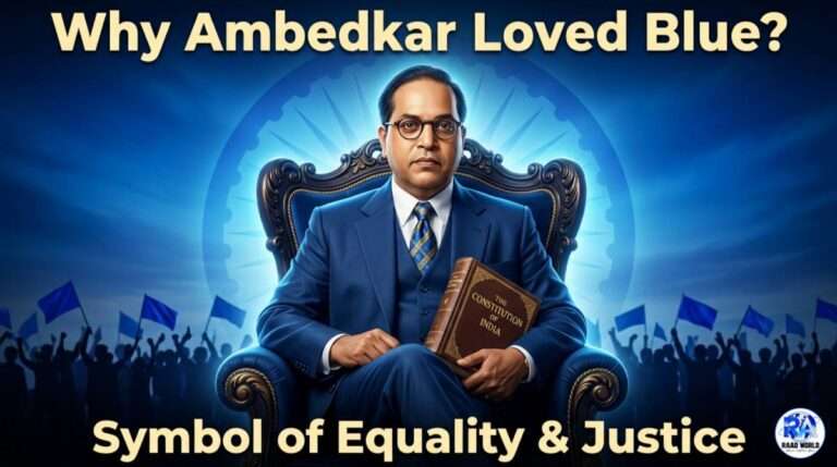 Dr BR Ambedkar in blue suit with equality symbolism background