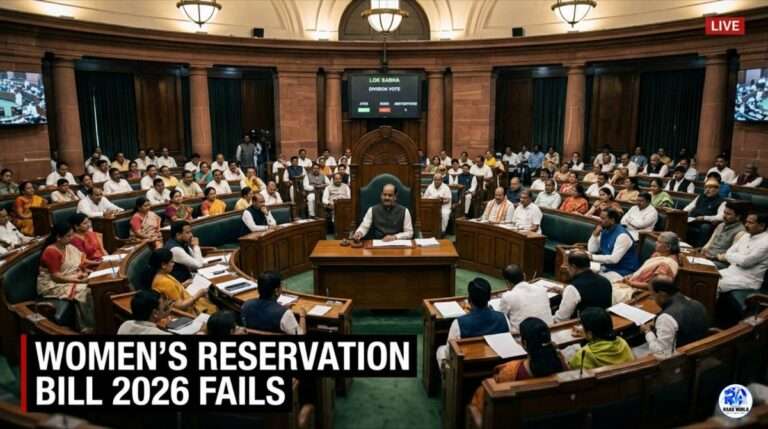 Indian Parliament Lok Sabha session during voting on Women's Reservation Bill 2026 failure