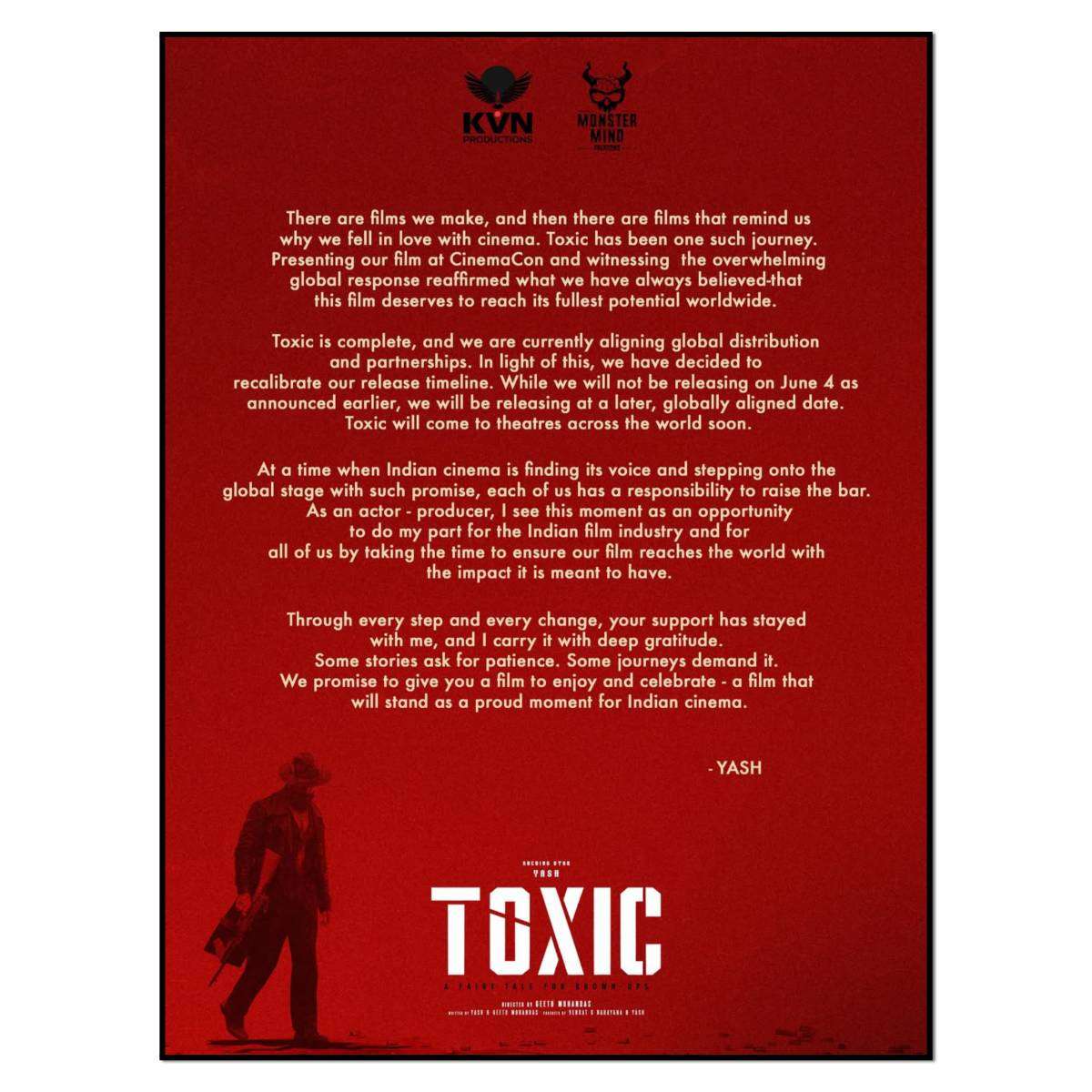Yash Toxic movie official postponement announcement poster red background global release delay