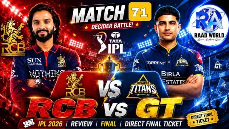 RCB vs GT Match 70 IPL 2026 featured image showing Royal Challengers Bengaluru vs Gujarat Titans players with IPL logo and RAAD WORLD branding for final qualification clash.
