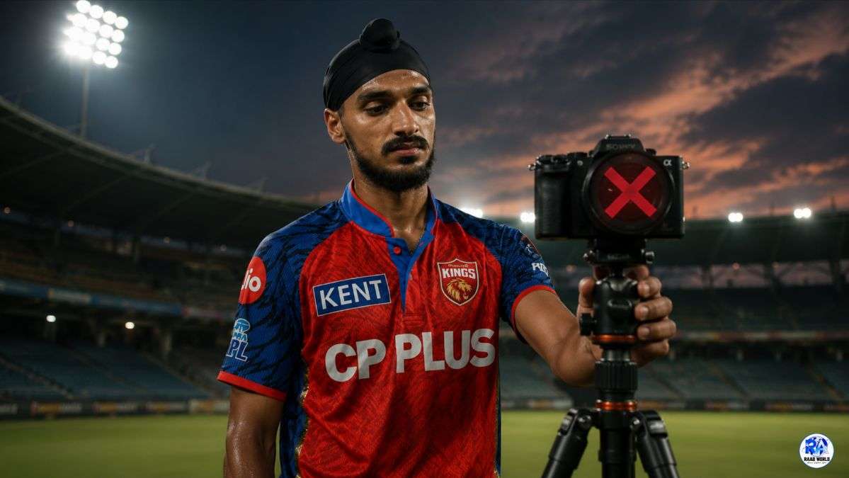 Hyper-realistic cinematic image of a Punjab Kings style cricketer standing in an empty cricket stadium at dusk holding a vlogging camera on a tripod with a glowing red X ban symbol on the lens, showing disappointment and dramatic lighting.