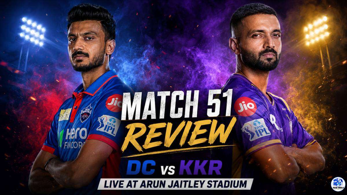 Delhi Capitals vs Kolkata Knight Riders Match 51 review thumbnail featuring two IPL captains in cinematic lighting with DC and KKR team colors at Arun Jaitley Stadium