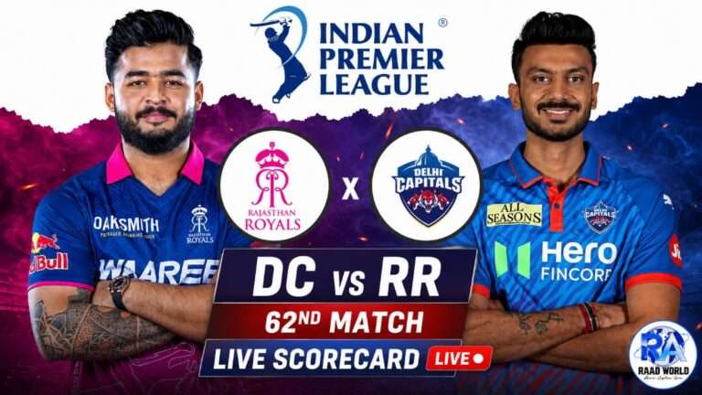 Delhi Capitals vs Rajasthan Royals IPL 2026 62nd match live scorecard featured image with players, team logos, IPL branding, and RAAD WORLD logo on the right side.