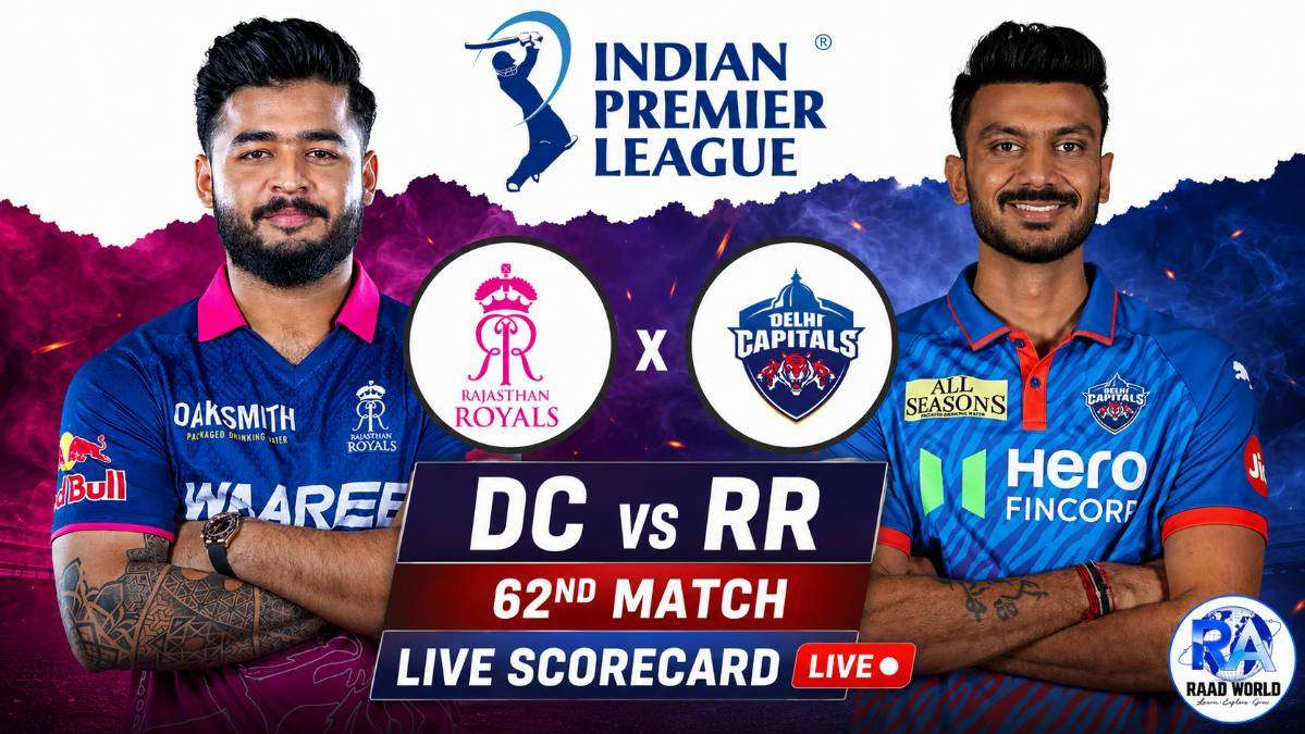 Delhi Capitals vs Rajasthan Royals IPL 2026 62nd match live scorecard featured image with players, team logos, IPL branding, and RAAD WORLD logo on the right side.