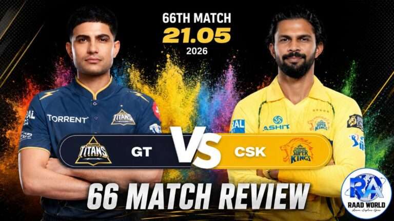 Gujarat Titans vs Chennai Super Kings 66th Match Review IPL 2026 featured image with GT and CSK players, colorful background effects, and RAAD WORLD logo on bottom right corner.