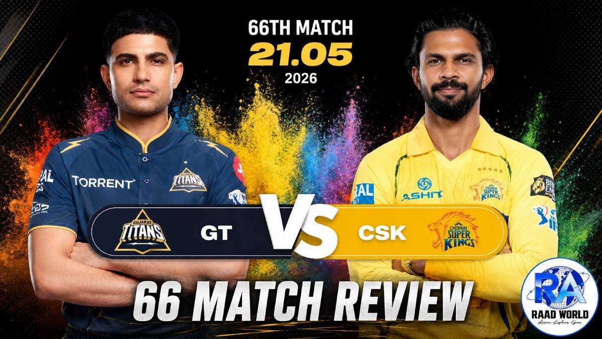 Gujarat Titans vs Chennai Super Kings 66th Match Review IPL 2026 featured image with GT and CSK players, colorful background effects, and RAAD WORLD logo on bottom right corner.