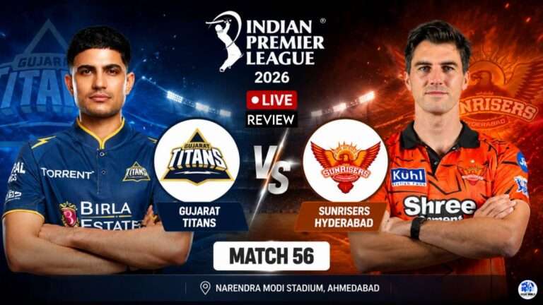 Gujarat Titans vs Sunrisers Hyderabad Match 56 IPL 2026 live card poster featuring GT and SRH players with team logos and stadium background.