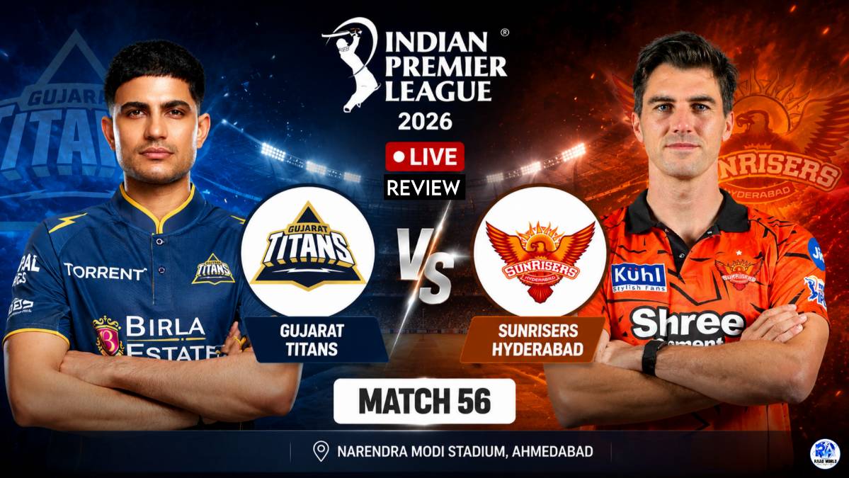 Gujarat Titans vs Sunrisers Hyderabad Match 56 IPL 2026 live card poster featuring GT and SRH players with team logos and stadium background.