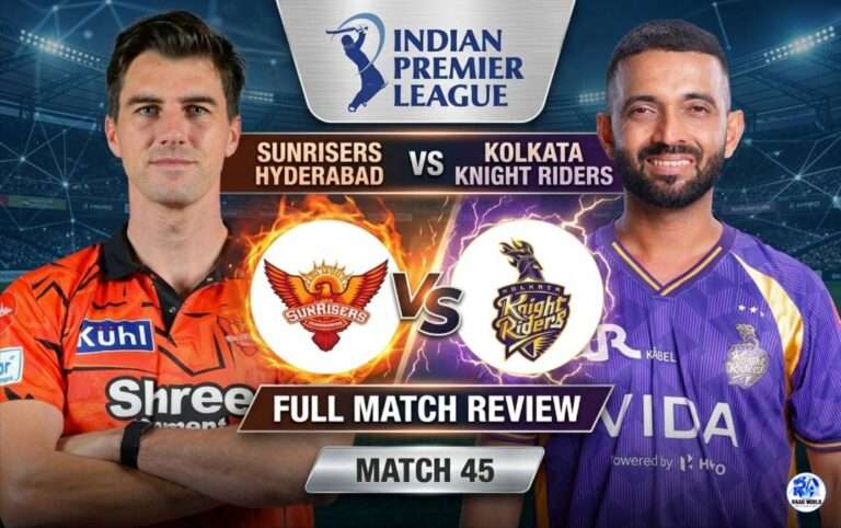 A professional IPL Match 45 featured graphic for SRH vs KKR featuring Pat Cummins and Ajinkya Rahane. The design includes team logos, a 'VS' center icon with fire and lightning effects, and the text 'Full Match Review'