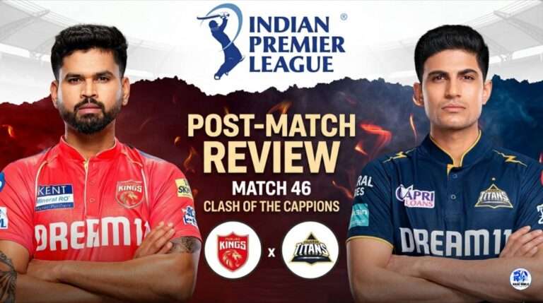 IPL Match 46 featuring Shreyas Iyer of Punjab Kings in a red jersey and Shubman Gill of Gujarat Titans in a dark blue jersey. The image includes the team logos, the Indian Premier League logo, and the text Post Match Review Match 46 Clash of the Captains" against a cinematic stadium background with fire effects.