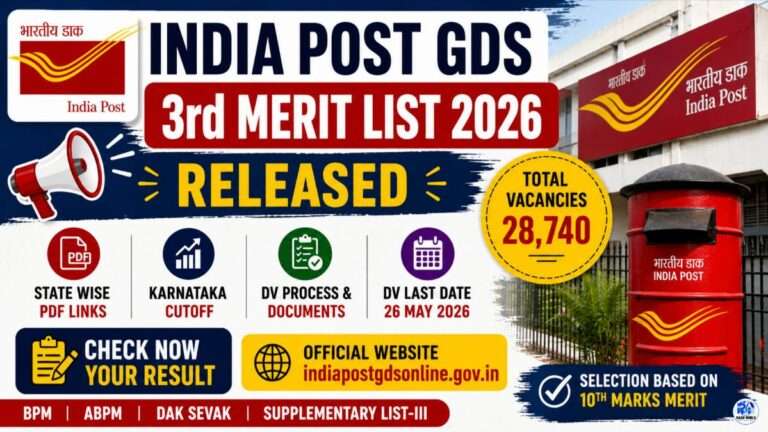 India Post GDS 3rd Merit List 2026 released featured image showing Karnataka cutoff, state wise PDF links, DV process, 28,740 vacancies and last date 26 May 2026