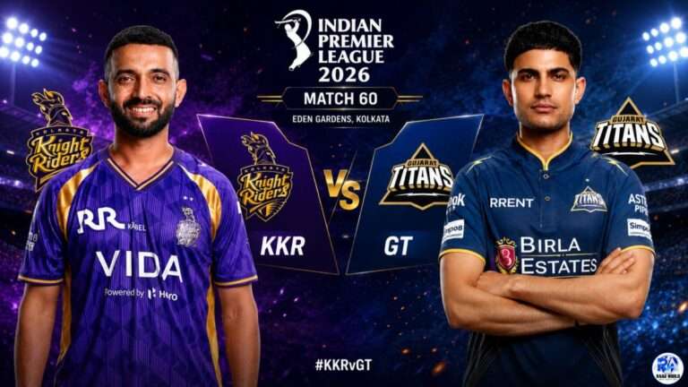 A high-energy IPL 2026 promotional poster featuring Kolkata Knight Riders and Gujarat Titans players facing each other in a dramatic stadium background with team logos, glowing lights, and “Match 60”Review