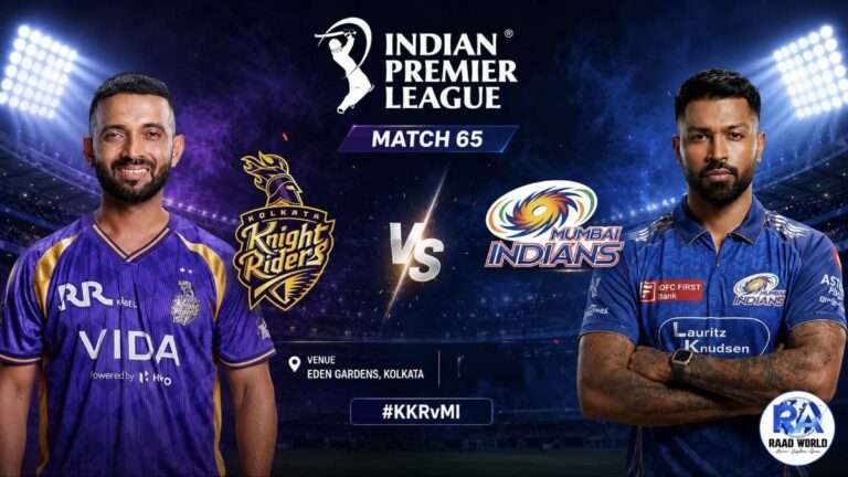 Kolkata Knight Riders vs Mumbai Indians IPL 2026 Match 65 promotional poster featuring Ajinkya Rahane and Hardik Pandya with team logos, stadium lights, IPL branding, and RAAD WORLD logo in the bottom-right corner.