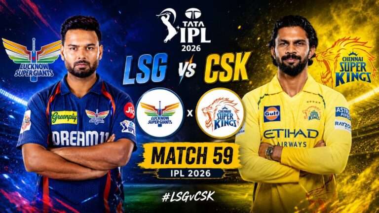 IPL 2026 Match 59 promotional poster featuring Lucknow Super Giants and Chennai Super Kings players with team logos, dramatic stadium background, and bold LSG vs CSK match graphics.
