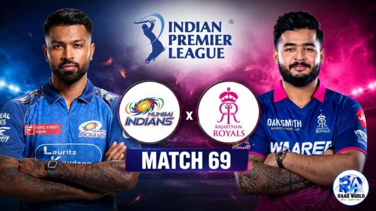Mumbai Indians vs Rajasthan Royals IPL 2026 Match 69 featured image with Hardik Pandya and Riyan Parag, team logos, IPL branding, and RAAD WORLD logo in 16:9 format.
