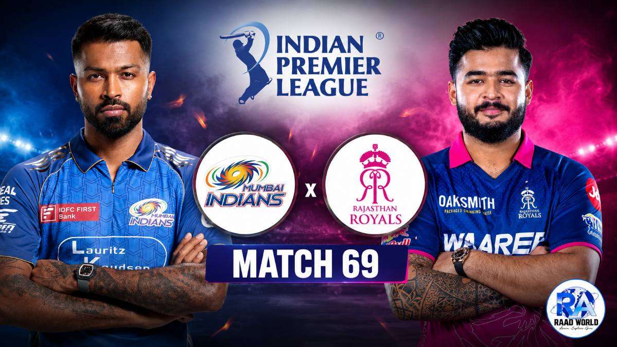 Mumbai Indians vs Rajasthan Royals IPL 2026 Match 69 featured image with Hardik Pandya and Riyan Parag, team logos, IPL branding, and RAAD WORLD logo in 16:9 format.