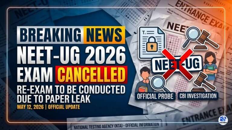 An official news update graphic confirming that the NTA NEET-UG 2026 exam has been cancelled due to a paper leak. The image features bold red and yellow 'CANCELLED' and 'RE-EXAM' text against a blue background with scattered test papers and magnifying glass icons.