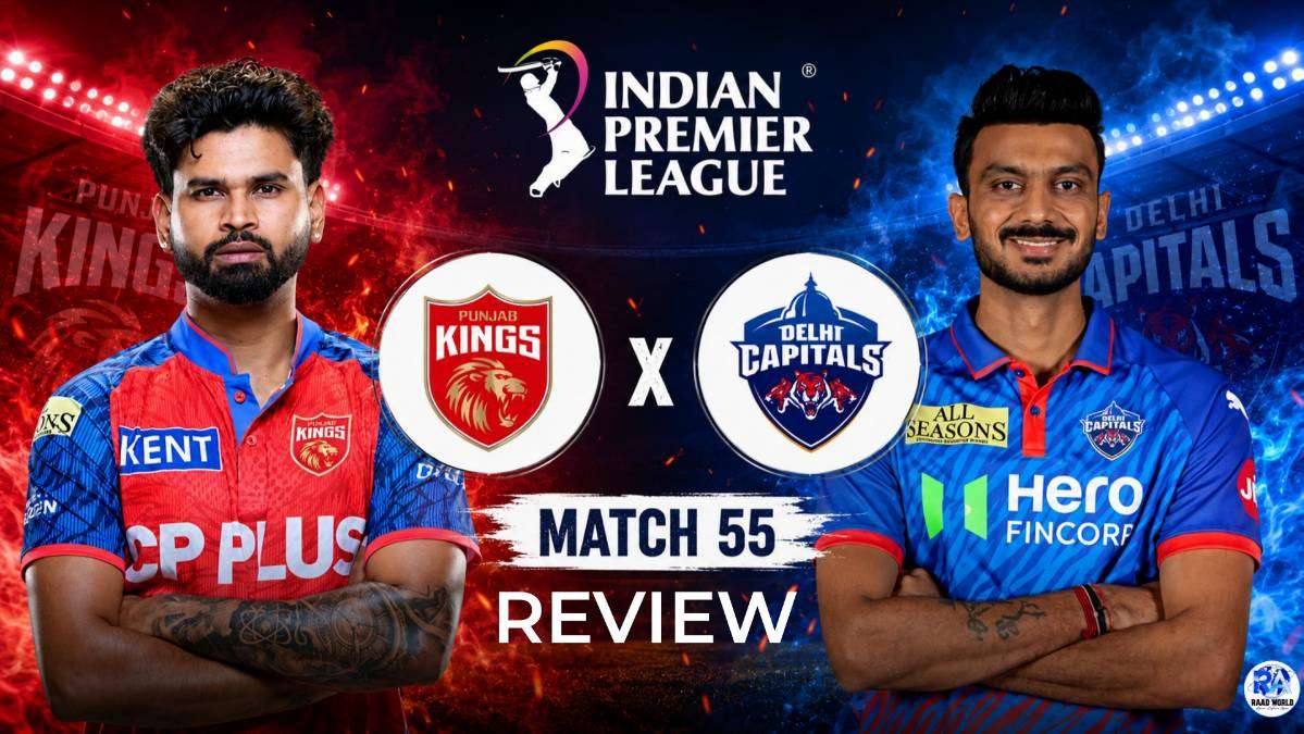 Punjab Kings vs Delhi Capitals IPL 2026 Match 55 promotional poster featuring Shreyas Iyer and Axar Patel with team logos, stadium lights, and dramatic red-blue background