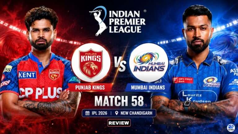 High-energy IPL 2026 promotional poster featuring Punjab Kings and Mumbai Indians captains facing each other with team logos, dramatic red and blue stadium background, and “Match 58” live cricket showdown text in 16:9 format.