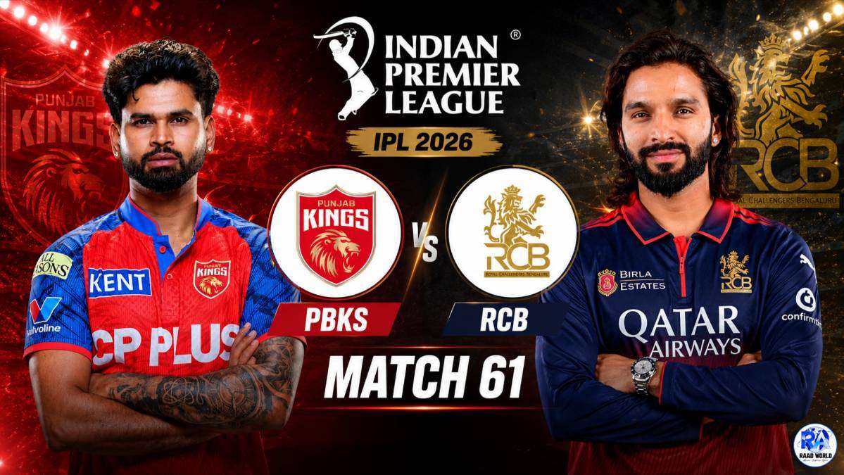 Punjab Kings vs Royal Challengers Bengaluru IPL 2026 Match 61 promotional poster featuring Shreyas Iyer and Rajat Patidar with team logos and dramatic stadium background in 16:9 format.