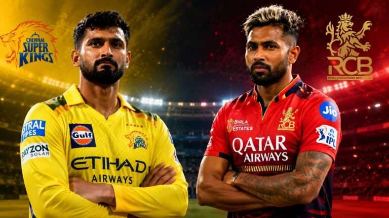 RCB vs CSK IPL 2026 featured image with Chennai Super Kings player in yellow jersey and Royal Challengers Bengaluru player in red jersey standing in a stadium background