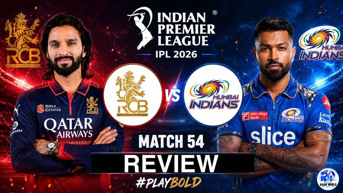 Royal Challengers Bengaluru vs Mumbai Indians IPL 2026 Match 54 poster featuring RCB and MI players with team logos, IPL branding, stadium background, and live match details
