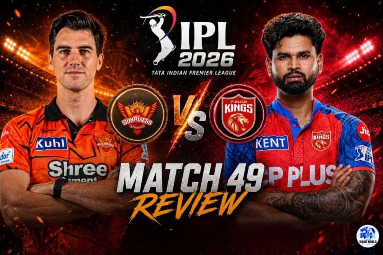 Cinematic IPL Match 49 Review poster featuring Sunrisers Hyderabad and Punjab Kings players facing each other with fiery red stadium background and dramatic sports design.