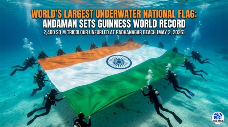Guinness World Record: India's Largest Underwater National Flag (2,400 sq m) unfurled at Radhanagar Beach, Andaman, by over 200 divers.
