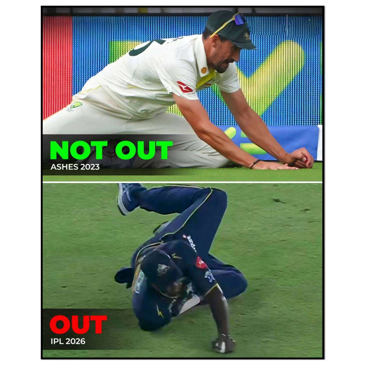 Comparison of Mitchell Starc's Ashes 2023 not out catch and Jason Holder's IPL 2026 out catch showing the ball touching the ground