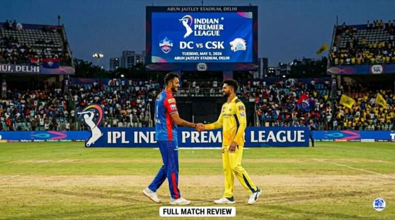 Delhi Capitals captain Axar Patel and Chennai Super Kings captain Ruturaj Gaikwad shaking hands at Arun Jaitley Stadium for IPL 2026 Match 48 Review.