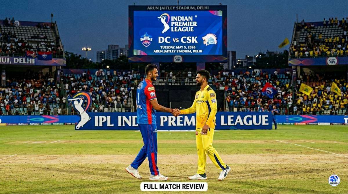Delhi Capitals captain Axar Patel and Chennai Super Kings captain Ruturaj Gaikwad shaking hands at Arun Jaitley Stadium for IPL 2026 Match 48 Review.